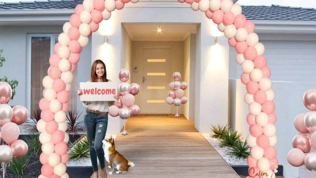 Welcome balloon arch balloon decor with helium balloons. Salem Oregon balloon decor.