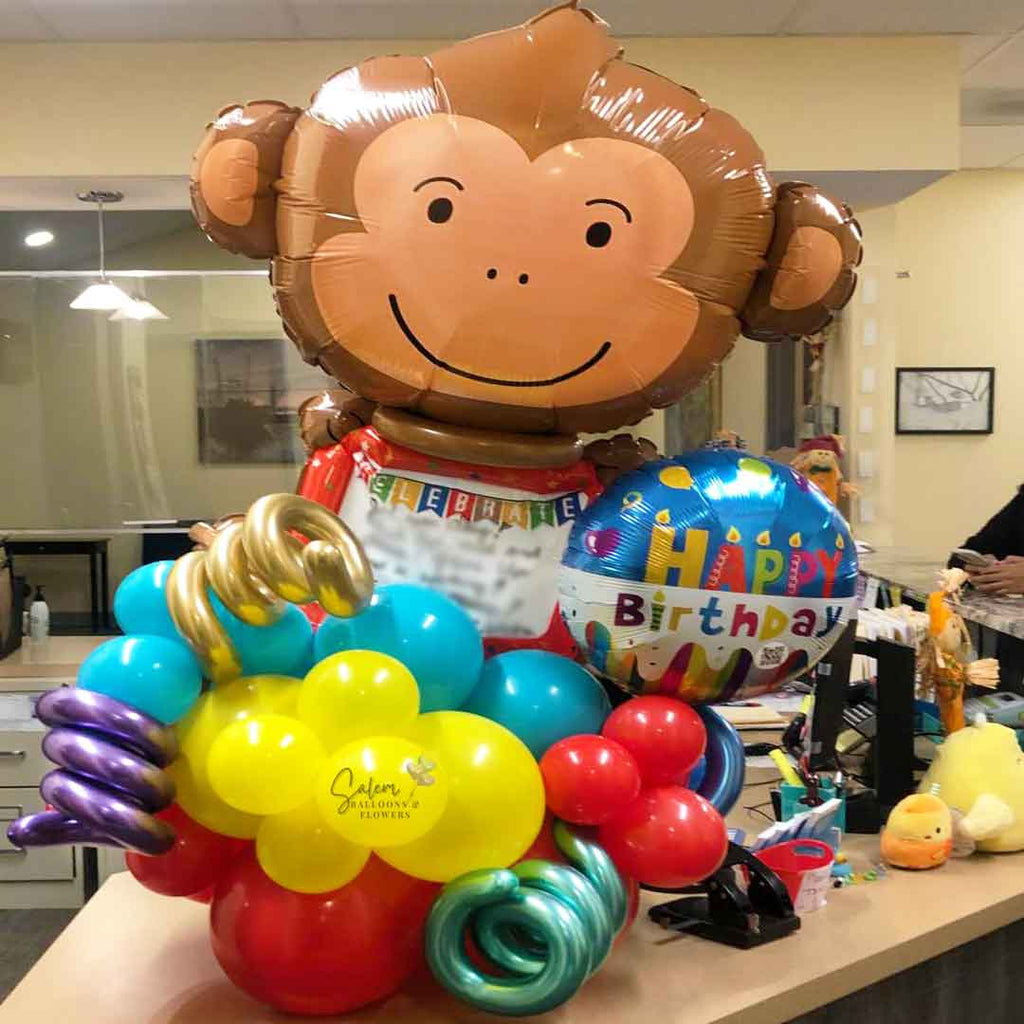 Colorful Monkey themed balloon bouquet. Birthday balloons. Oregon balloon Delivery.