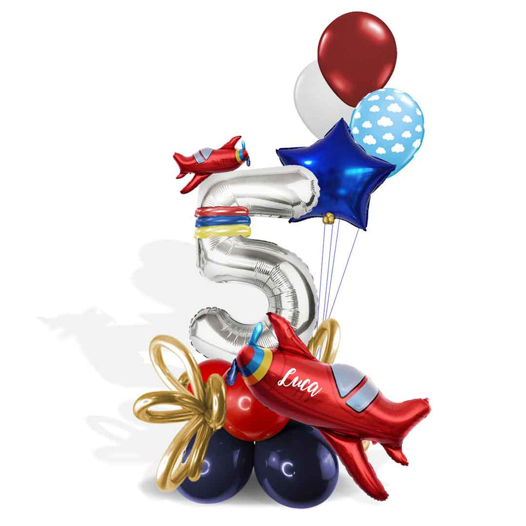 Airplane themed 1 number balloon bouquet in vibrant colors with a set of helium balloons. Delivery in Salem Oregon and nearby cities.