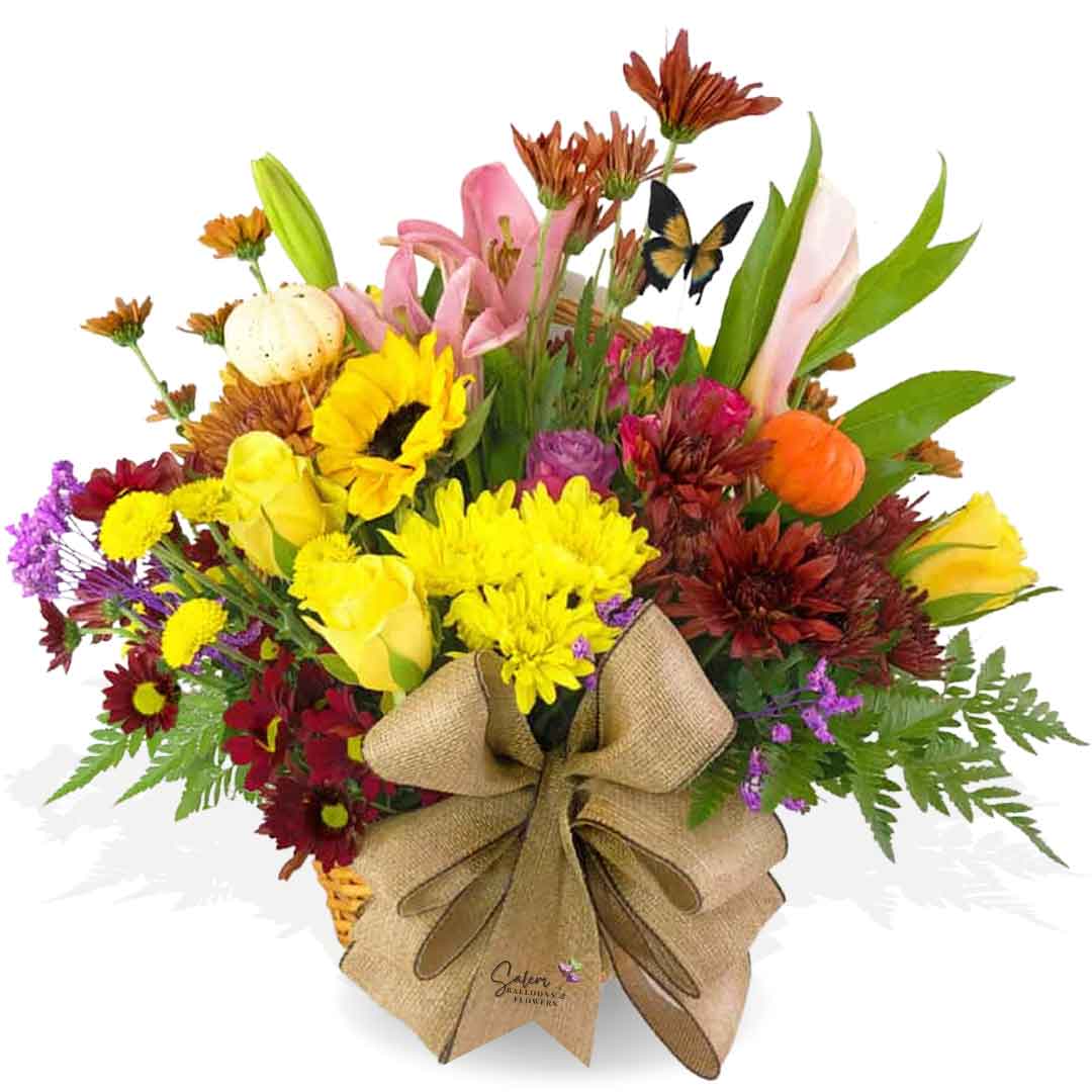 Fall themed flower arrangement in a brown basket. Flower delivery Salem Oregon