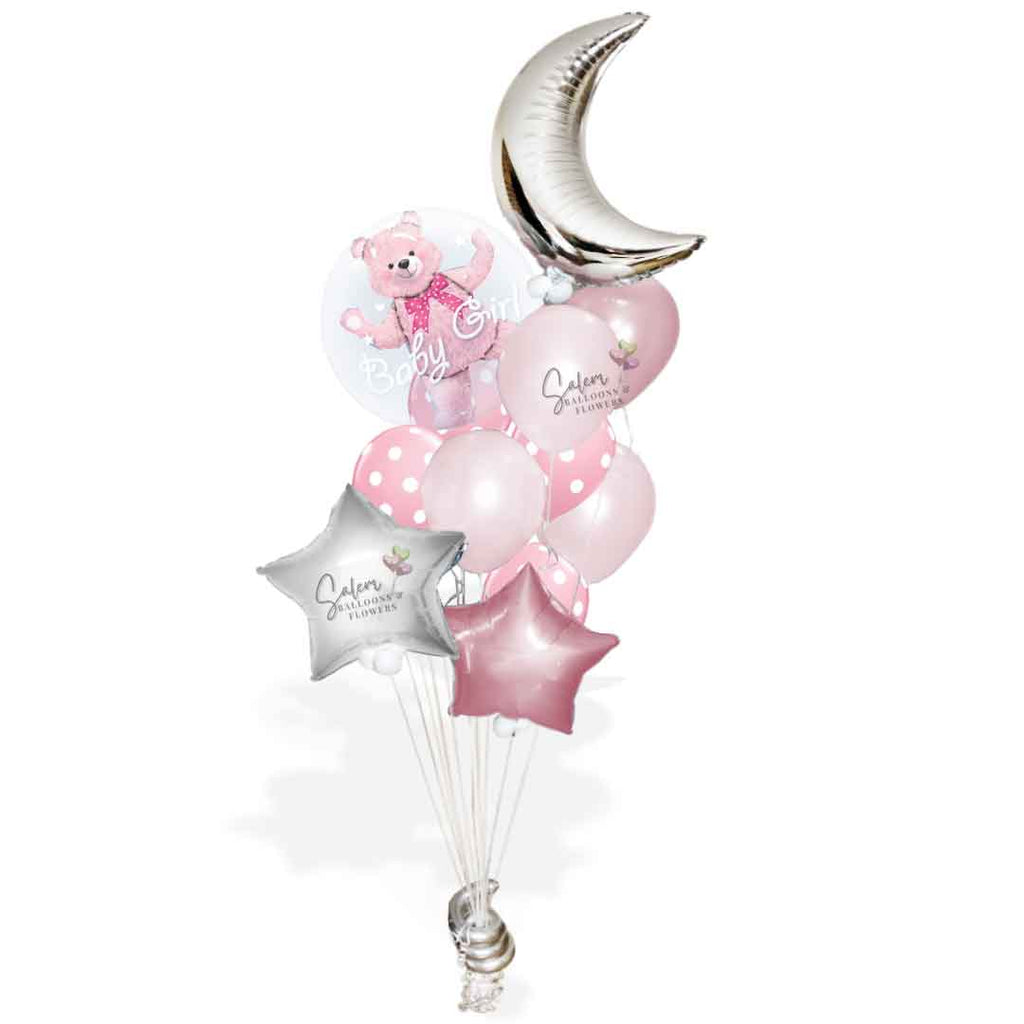 It's a Girl Balloon bouquet in silver, pastel pink and white. Featuring a stuffed bubble balloon with a pink teddy bear, a large moon and stars. Balloon delivery in Salem Oregon and nearby cities.