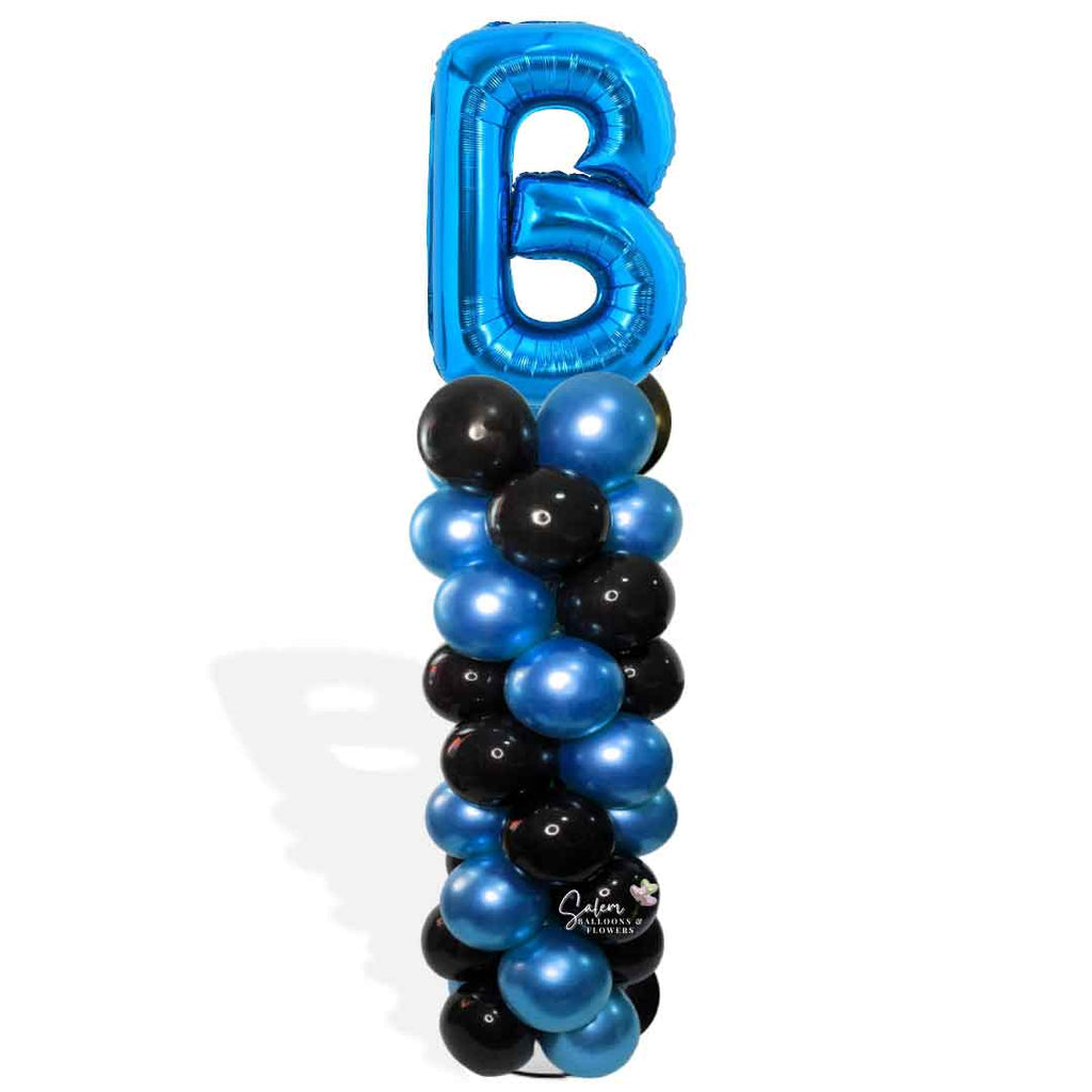 Balloon column with letter balloon topper in blue. Oregon Balloon Decor.