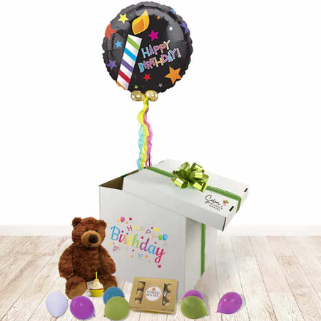 Surprise Balloon Box birthday gift. Lift the lid and let the happiness float up!  A magical basketball balloon floats up as it reveals a cuddly Bee plushy and a box of delicious chocolates. Balloons Salem Oregon