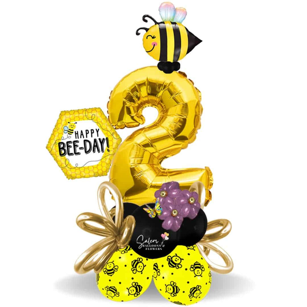 Happy birtday large gold numbers balloon bouquet. With a Bees theme. Deluxe style includes a set of helium balloons. Balloon delivery in Salem Oregon and nearby cities. Helium balloons Salem Oregon.