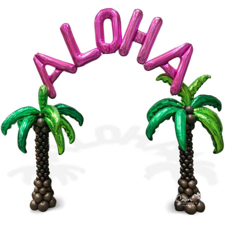 2 palm balloon columns with a pink ALOHA sign floating between them. Oregon Balloon Decor.