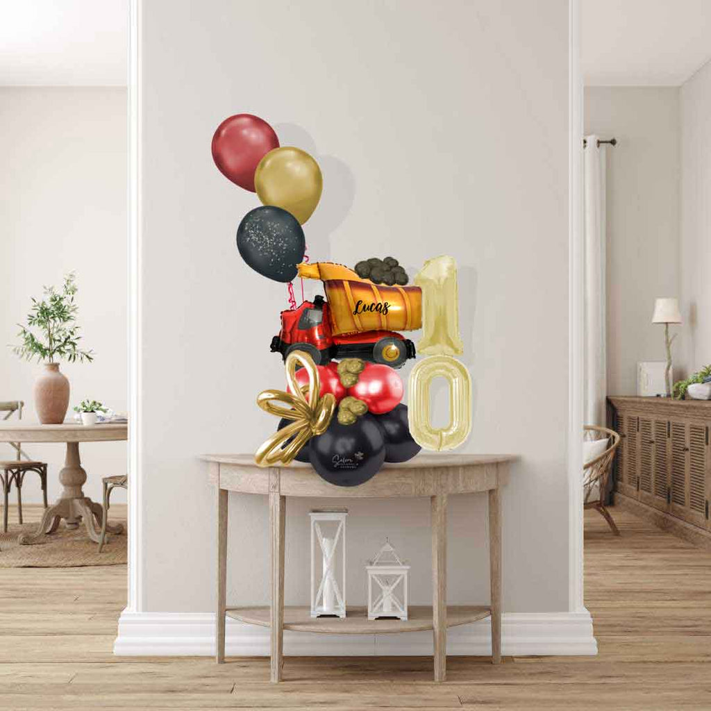 Balloon numers. Tonka truck inspired balloon bouquet. Featuring a balloon truck with a load of balloon coals and gold balloon numbers and helium balloons. Balloon delivery available in Salem Oregon and nearby cities. Size chart.