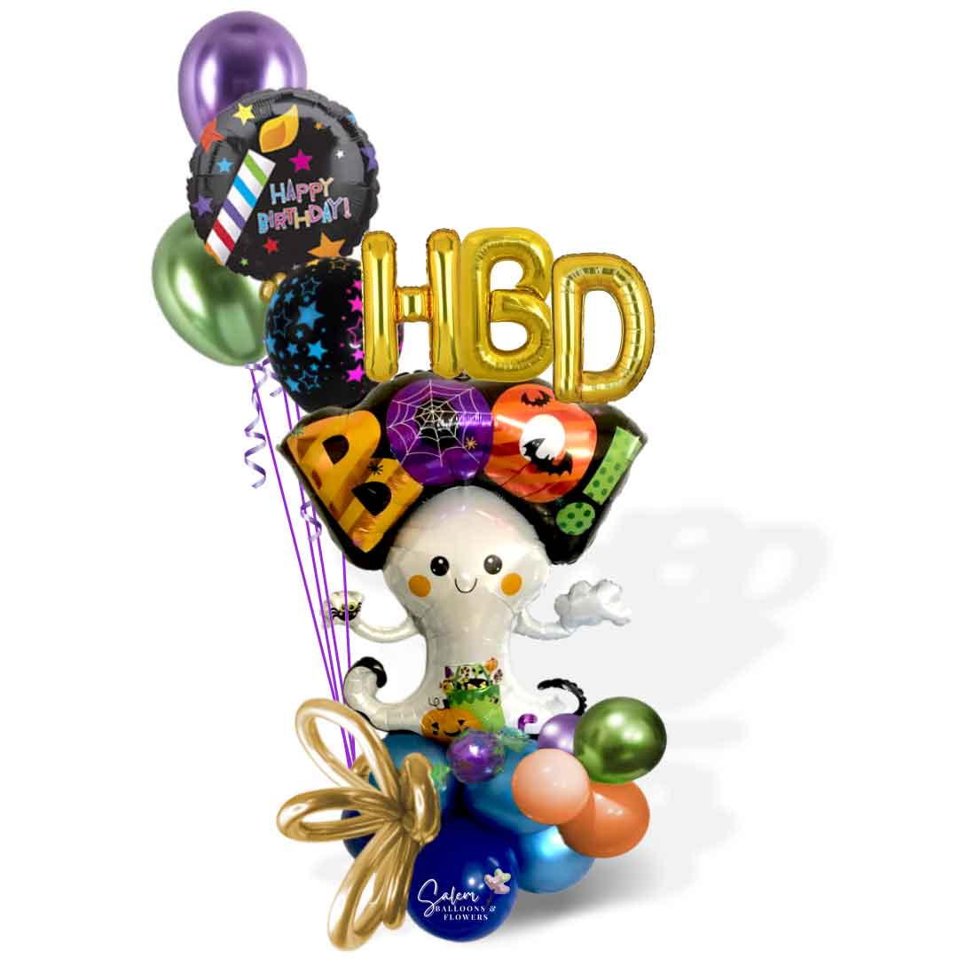 A Halloween-themed birthday bouquet featuring a large ghost balloon carrying an 