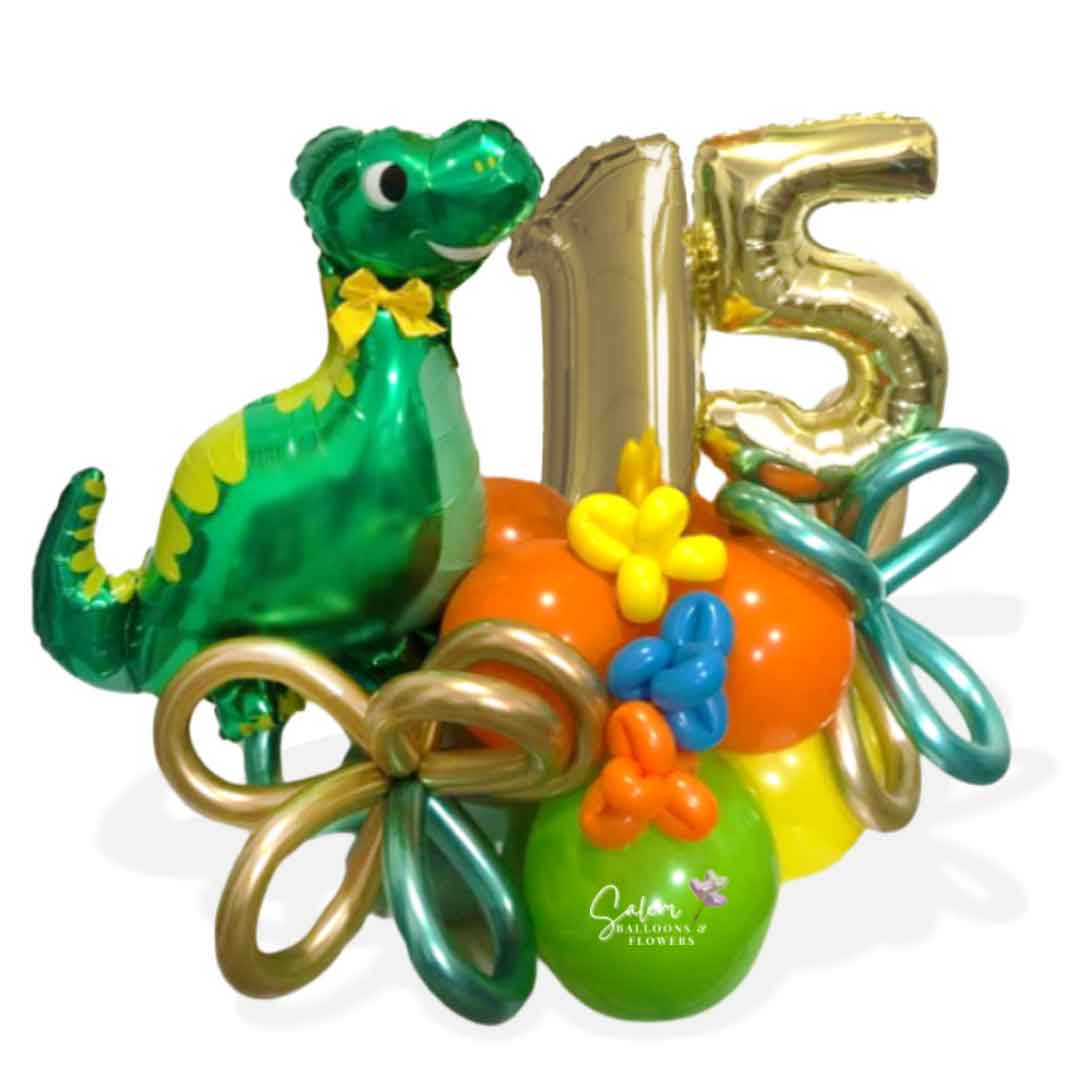 Dinosaur themed number balloon bouquet with a cute dinosaur balloon, in a kiwi green, orange and yellow color palette. Salem Oregon balloon delivery.