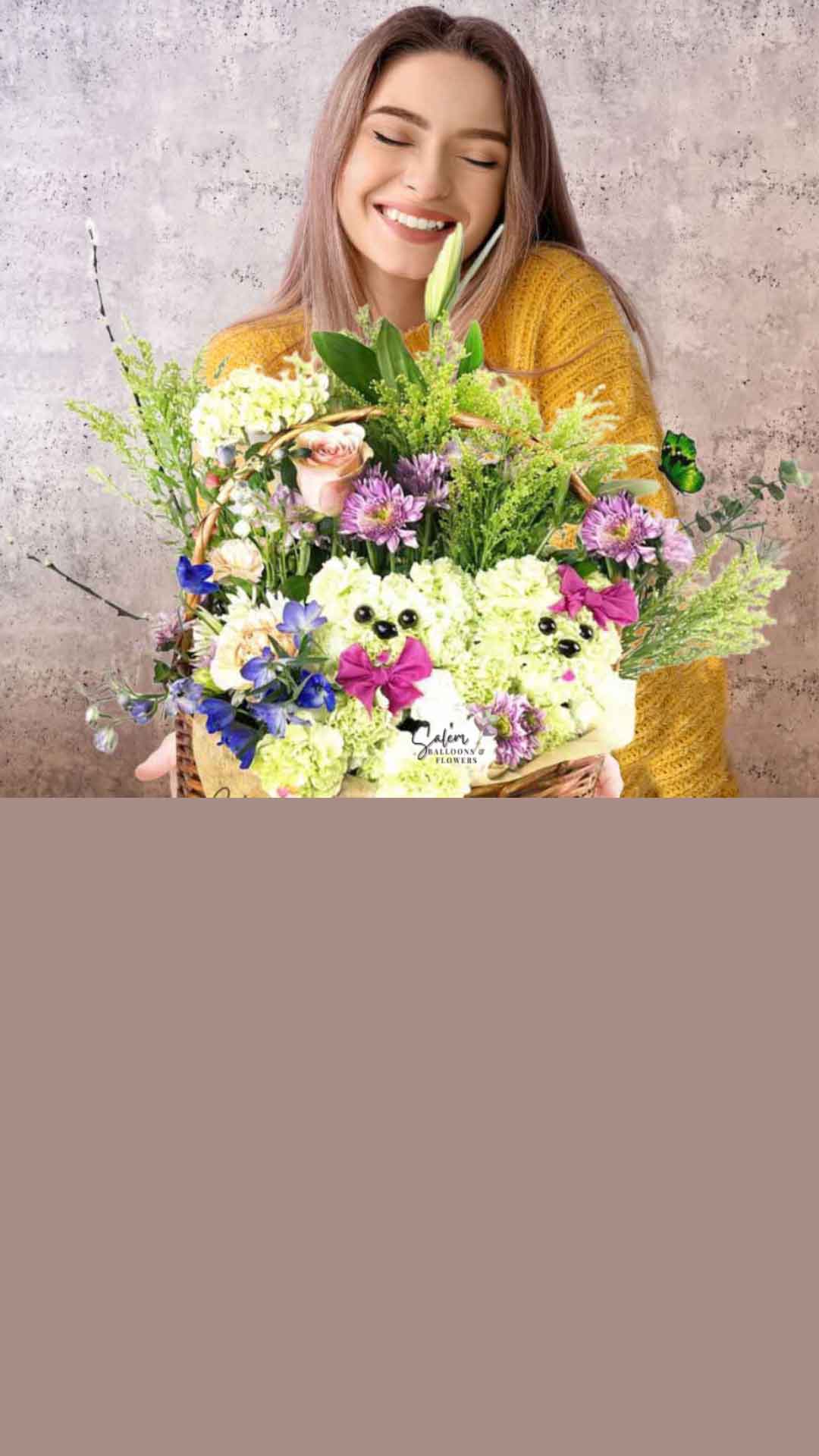 A young girl holding a wicker basket with 2 carnation flower puppies poking through flowers. Salem Oregon Flower delivery.