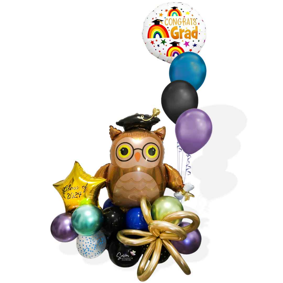 Colorful balloon bouquet, featuring a large Owl shaped balloon holding her diploma and a set of helium balloons with a 