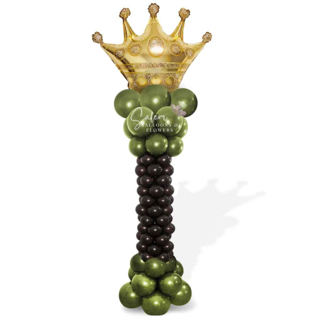 Balloon Column in green and brown with a Golden Crown balloon topper. Oregon balloon decor.