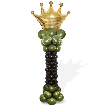 Balloon Column in green and brown with a Golden Crown balloon topper. Oregon balloon decor.