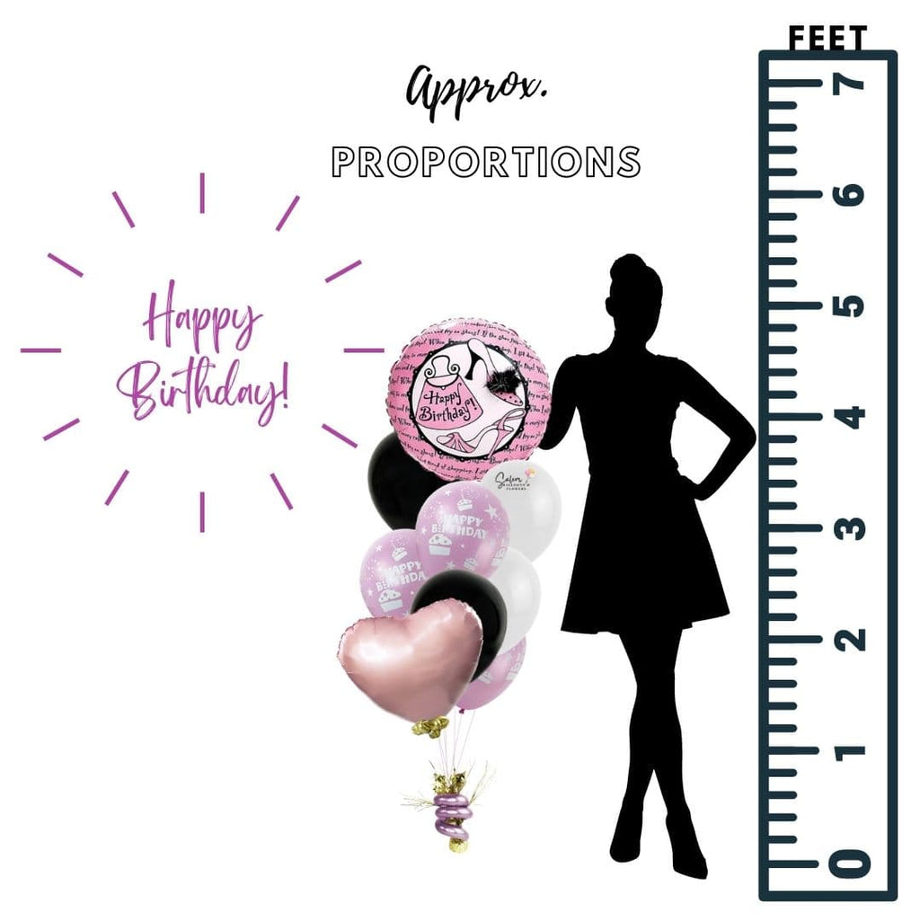 Happy Birthday Classic Balloon Bouquet. Featuring a pink Mylar balloon with a pink shoes, pink purse and a Happy Birthday message, anchored to a decorated weight. Available in 2 different styles. Salem Oregon balloon delivery