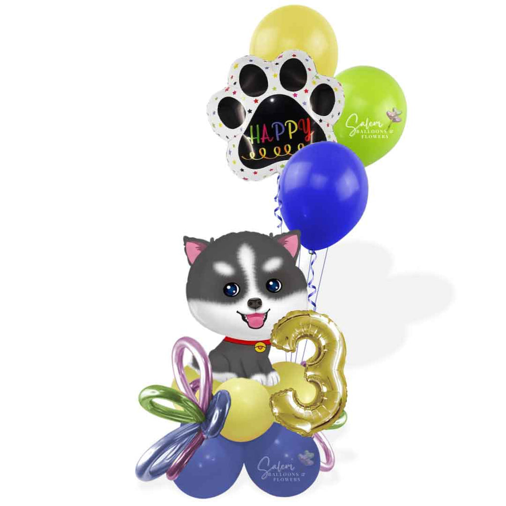 Husky dog themed balloon bouquet. Featuring a husky shaped balloon, balloon numbers, and helium balloons. Oregon balloon delivery. 