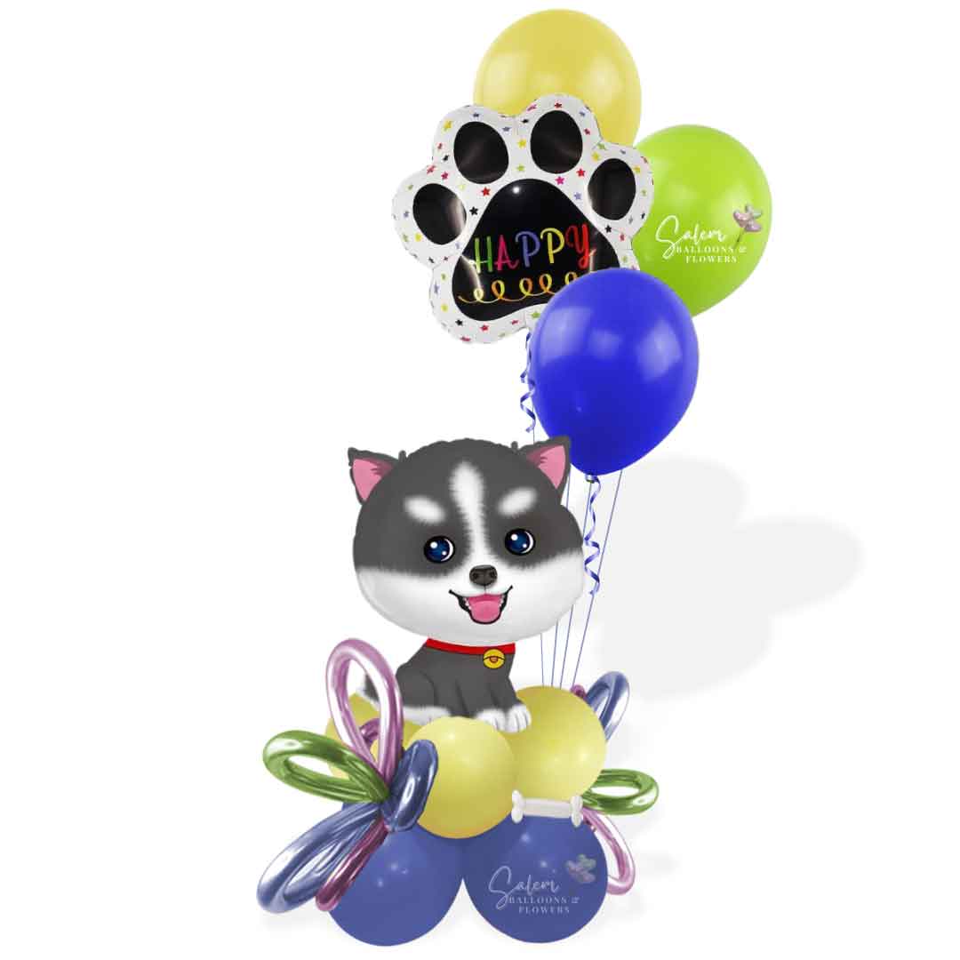 Husky dog themed balloon bouquet. Featuring a husky shaped balloon, and helium balloons. Oregon balloon delivery. 