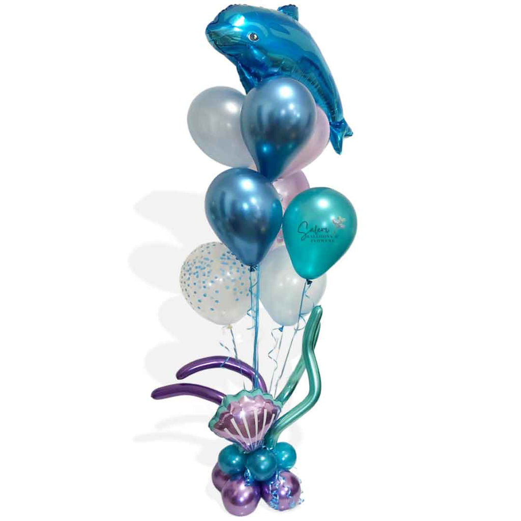 Under the Sea Helium Balloon Bouquet with a Blue dolphin balloon and seaweed balloons. Balloons Salem Oregon.