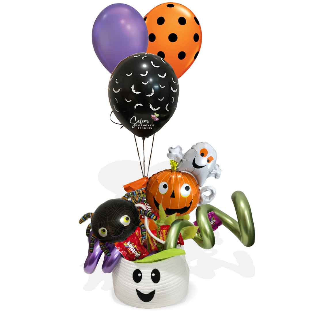 Ghost head basket filled with candy, halloween balloons and a set of helium balloons. Balloon delivery Salem Oregon and nearby cities.