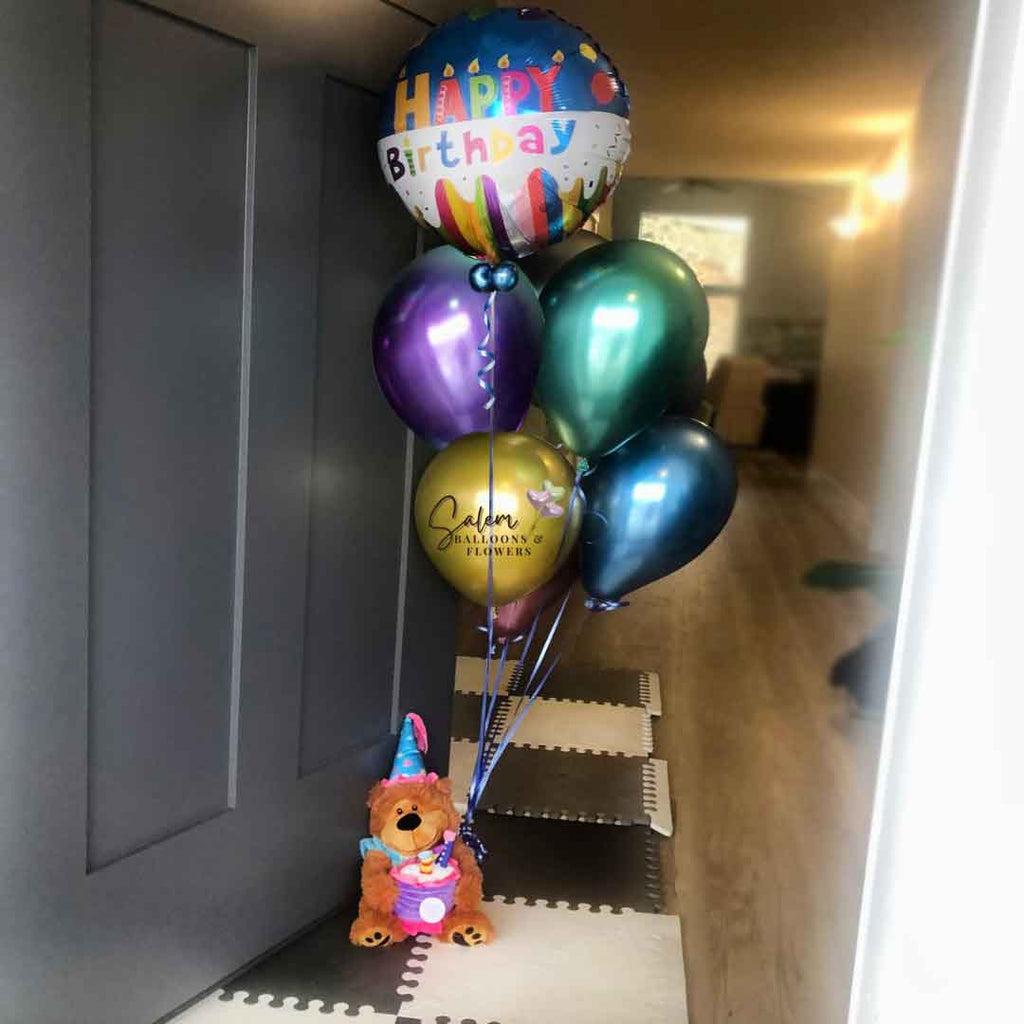 Birthday Helium Balloon Bouquet. Featuring a Colorful Mylar Balloon with candles and a Happy Birthday