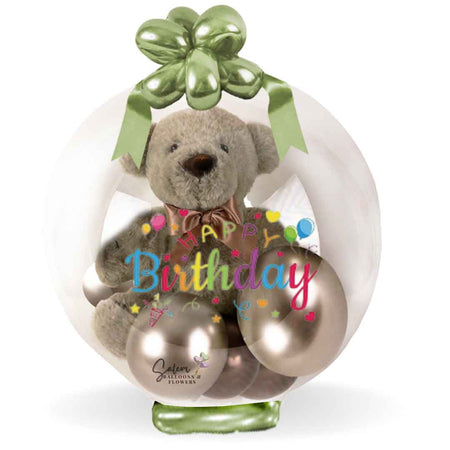 Happy birthday stuffed bubble balloon. Featuring a teddy bear stuffed in a bubble balloon. Balloons salem Oregon and nearby cities.