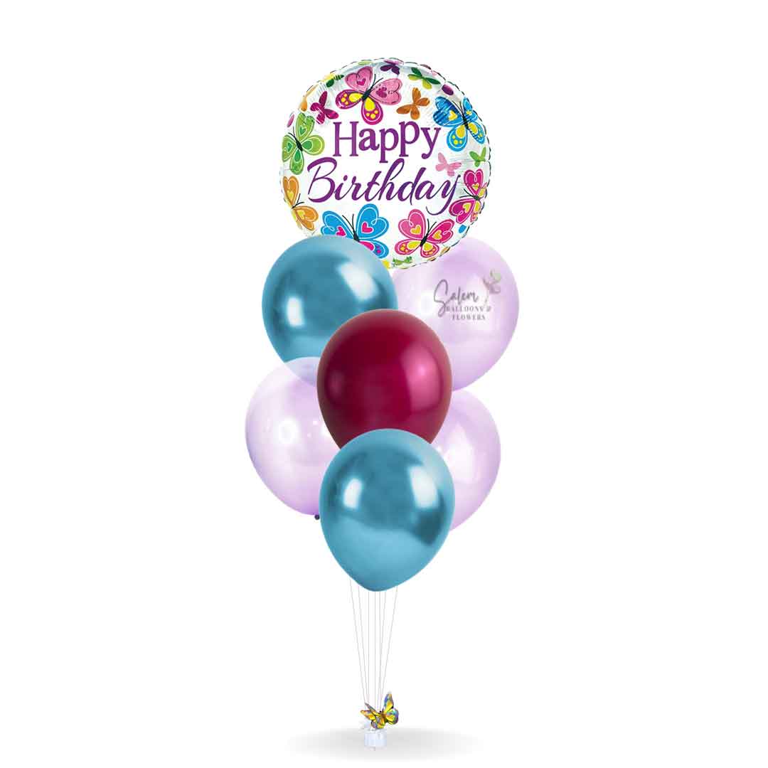 Helium balloon bouquet. Featuring a Happy Birthday Mylar balloon with butterflies. Balloon delivery in Salem Oregon and nearby cities.