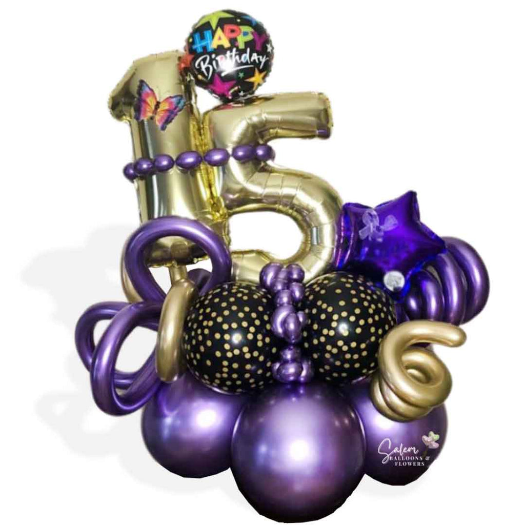 Number balloon bouquet. In purple and gold. Featuring 2 number balloons, curly balloons and a Happy Birthday message balloon. Balloon delivery Salem Oregon and nearby cities.