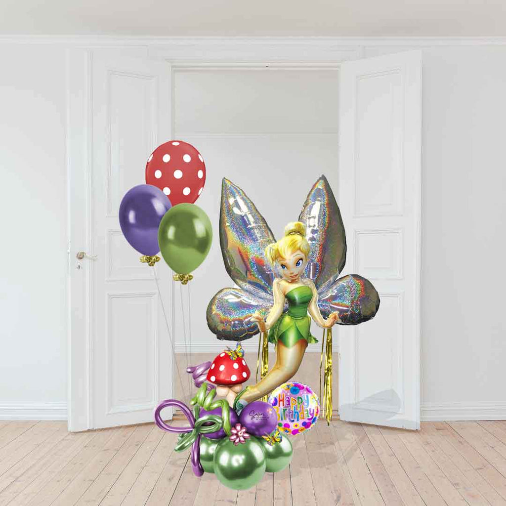 A fairy-tale Happy Birthday Standing Balloon Bouquet. Featuring a spectacular 3D Tinker-Bell holographic Balloon standing on a dreamy balloon base decorate in a Fairy tale style. Premium style comes with a box of chocolates. Free delivery in Salem Oregon and nearby areas.