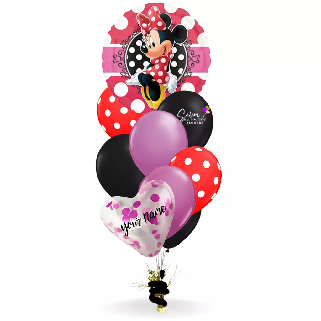 Birthday helium balloons. Featuring a  Minnie Mouse Mylar balloon. Delivery available in Salem Oregon and nearby cities.