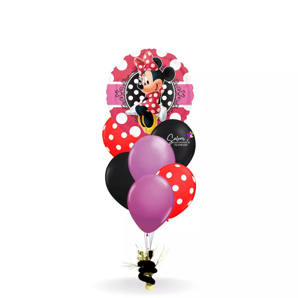 Birthday helium balloons. Featuring a  Minnie Mouse Mylar balloon. Delivery available in Salem Oregon and nearby cities.