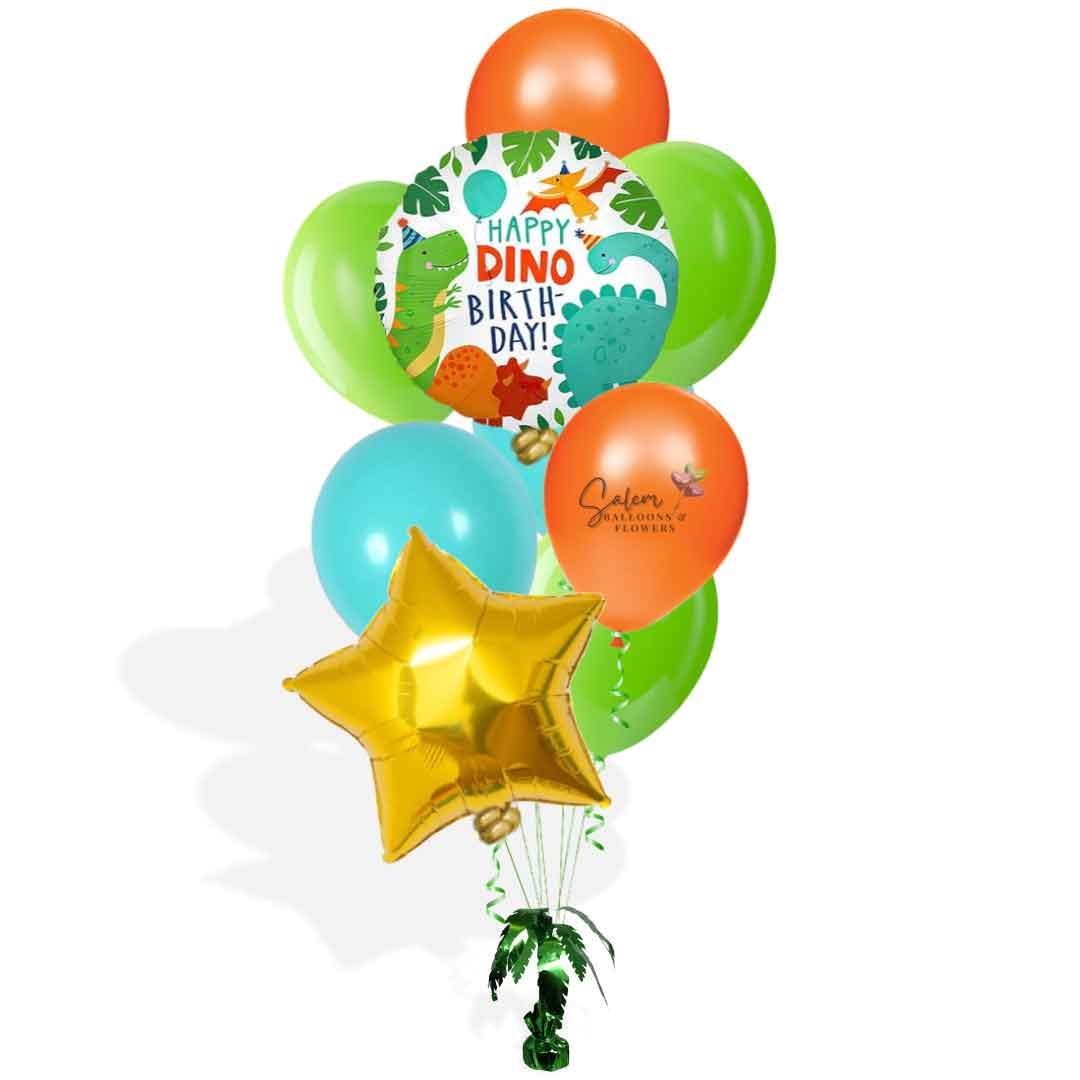 Dinosaur themed balloon bouquet. In a vibrant orange, green and caribbean blue palette. Featuring a 