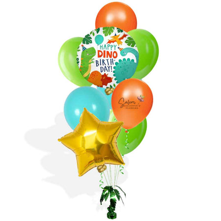 Dinosaur themed balloon bouquet. In a vibrant orange, green and caribbean blue palette. Featuring a "Happy Dino Birthday" message and a palm shaped balloon weight. Balloon delivery Salem Oregon and nearby cities.