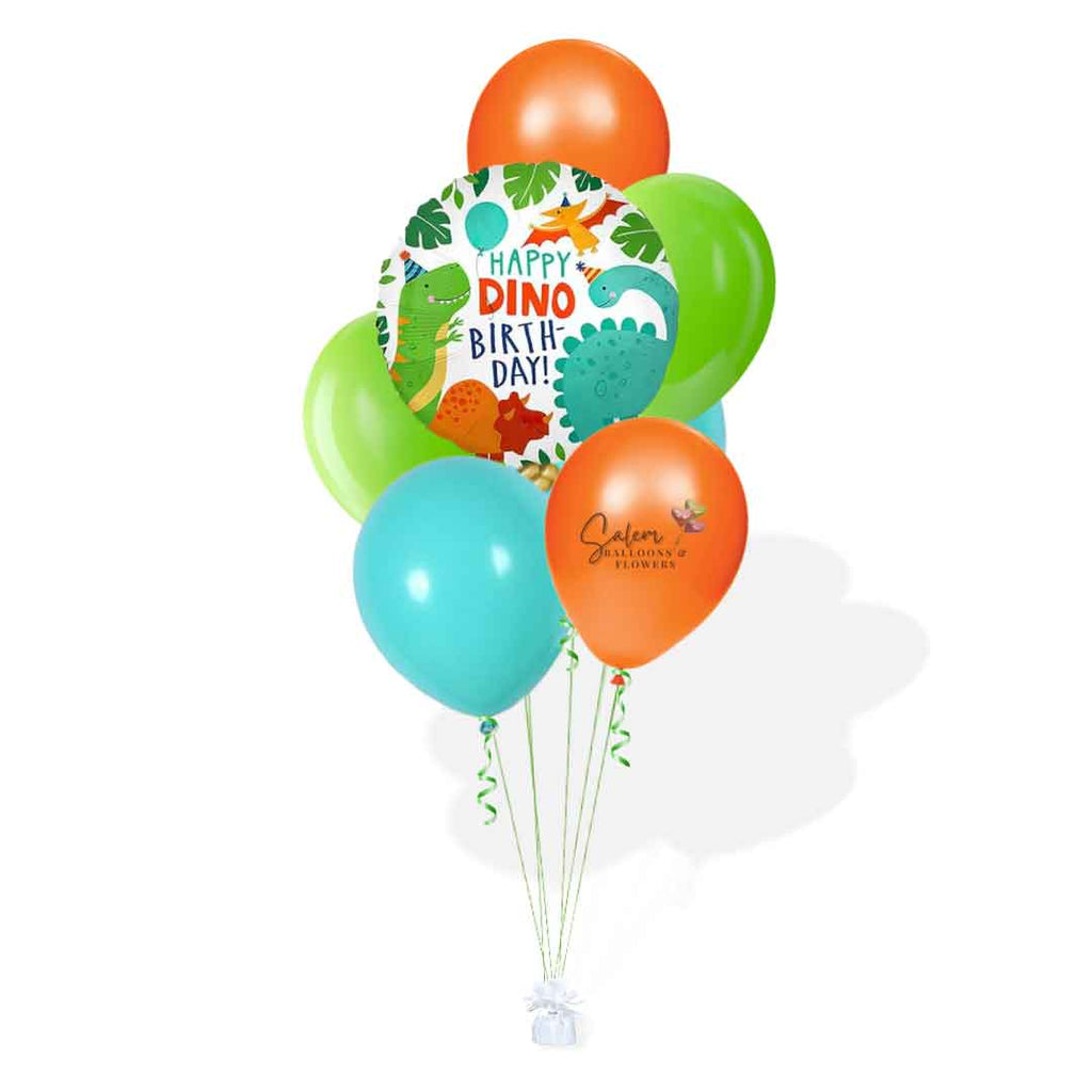 Dinosaur themed balloon bouquet. In a vibrant orange, green and caribbean blue palette. Featuring a 