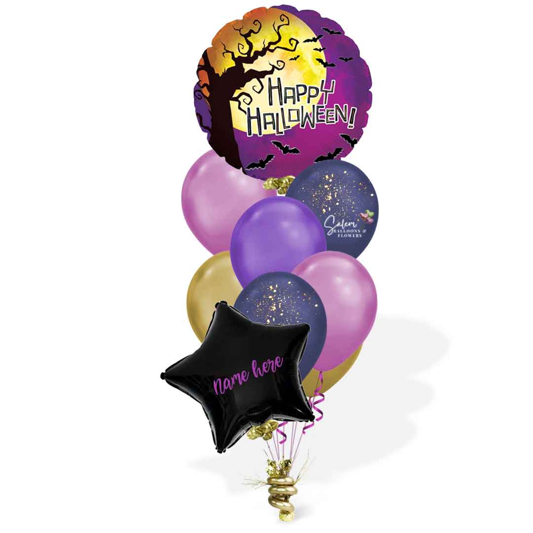 Helium filled halloween balloon bouquet. In dark blue, purple and fuchsia colors.  Featuring a round Mylar balloon with a 