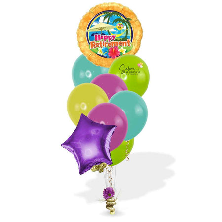 Hawaii-themed "Happy Retirement" Balloon Bouquet in colorful colors. Balloon weight decorated with a flower. Salem -Keizer Oregon balloon delivery