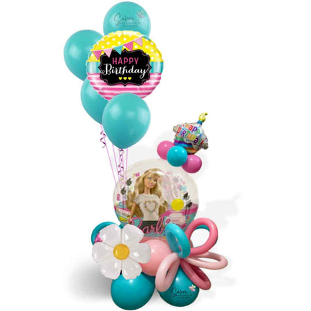 Barbie-themed Balloon Arrangement. In a Barbie color palette decorated with curly balloons. Oregon balloon Delivery. Birthday Balloons