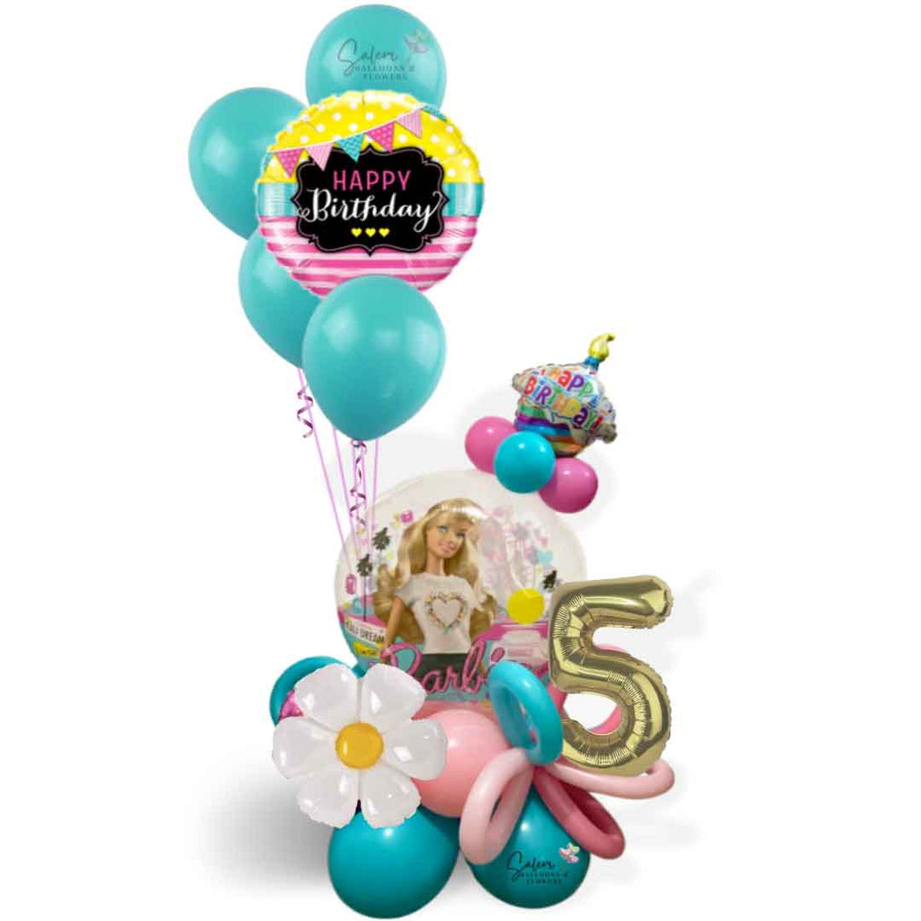 Barbie-themed Balloon Arrangement. In a Barbie color palette decorated with curly balloons and number balloons. Oregon balloon Delivery. Birthday Balloons