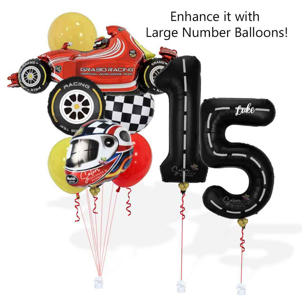 A tall helium Balloon bouquet, featuring a red sports car shaped balloon, a helmet shaped balloon, a race car wheel balloon and Latex balloons in Red, black, yellow and touches of blue next to a black number balloons 1 and 5 with a race track design. Salem Oregon balloon delivery.