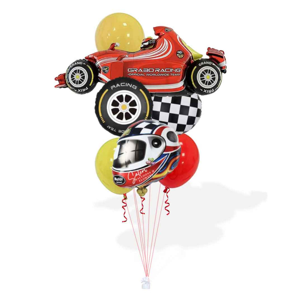 Tall helium Balloon bouquet, featuring a red sports car shaped balloon, a helmet shaped balloon, a race car wheel balloon and Latex balloons in Red, black, yellow and touches of blue. Oregon balloon delivery. 