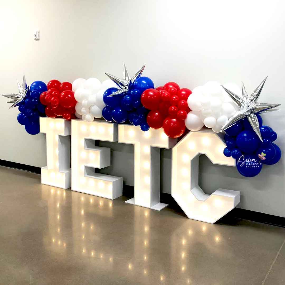 Custom 3' tall Light-Up Marquee Letters Display with Balloon Garland. (Choose your letters)