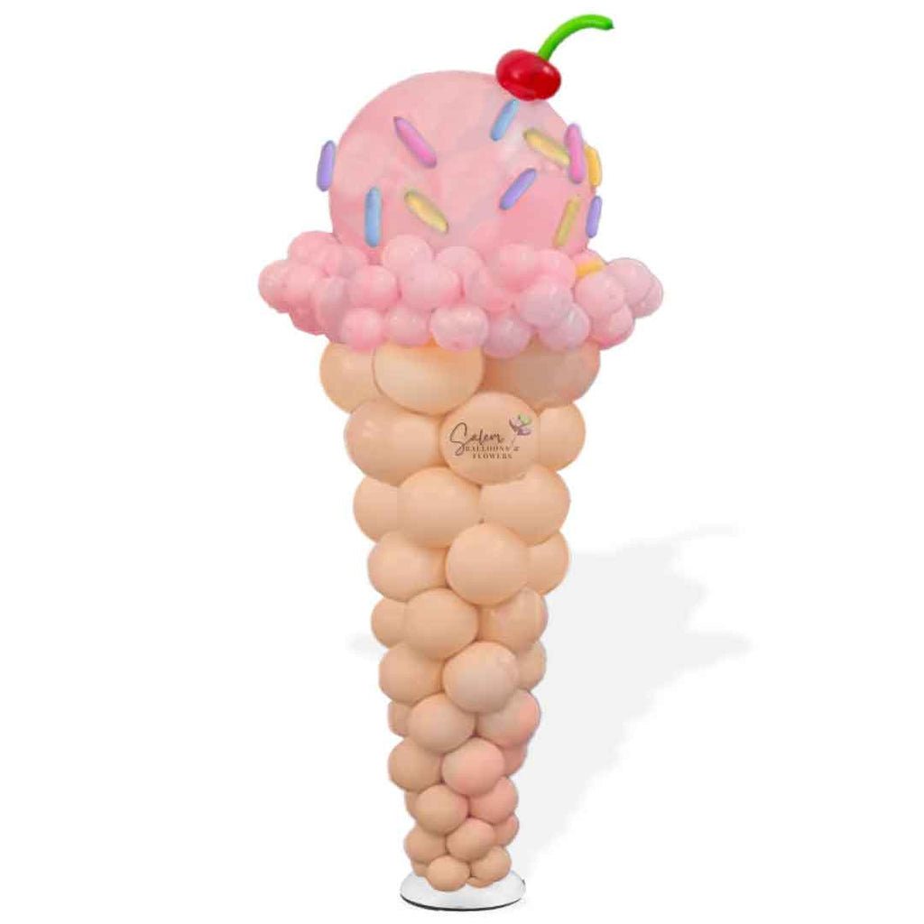 Ice Cream balloon column with balloon sprinkles and a cherry. Oregon Balloon decor.