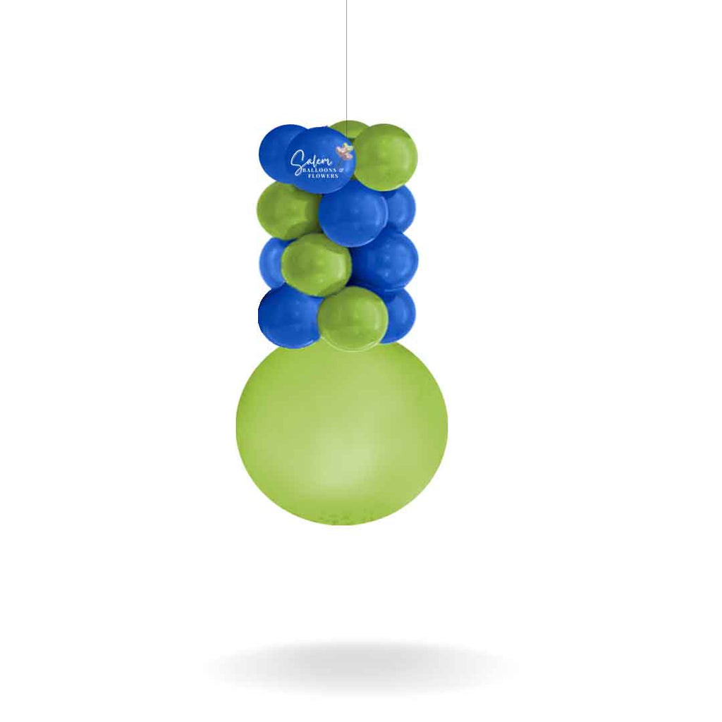 Inverted halve balloon column in green and blue. Ceiling decoration. Salem Oregon balloon decor.