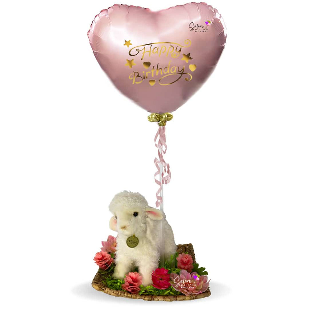 The cutest balloon bouquet, featuring a cuddle-worthy plush lamb, an array of gorgeous flowers, and a cute pink heart balloon wishing them a Happy Birthday! Balloon delivery in Salem Oregon and nearby cities.