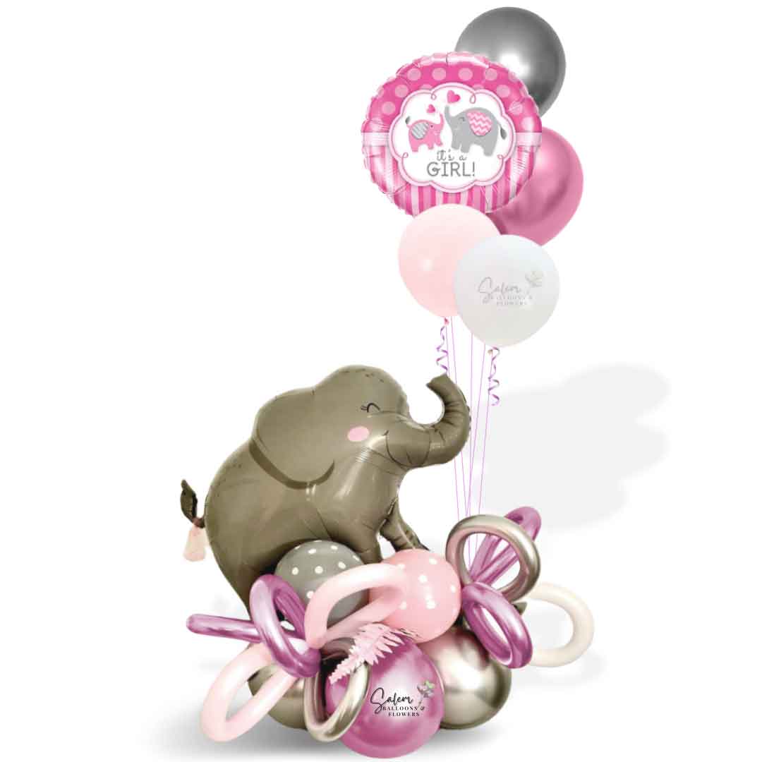 Elephant themed balloon bouquet in a Pink and Gray color palette. Featuring a large elephant balloon holding a helium-filled balloon bouquet with a 