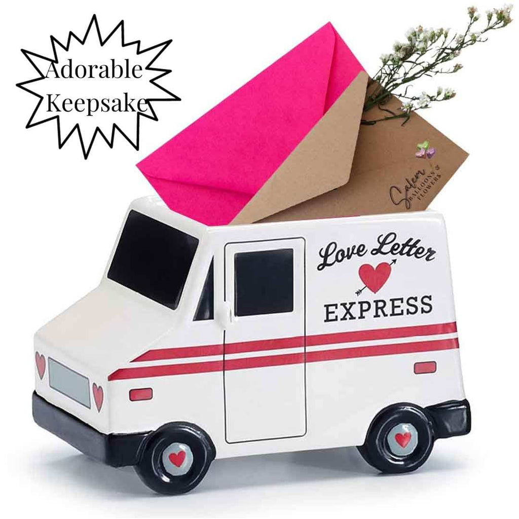 Mail truck white ceramic vase with a dozen of roses, baby's breath and golden butterflies flower arrangement.  Flower delivery Salem Oregon. Keepsake idea