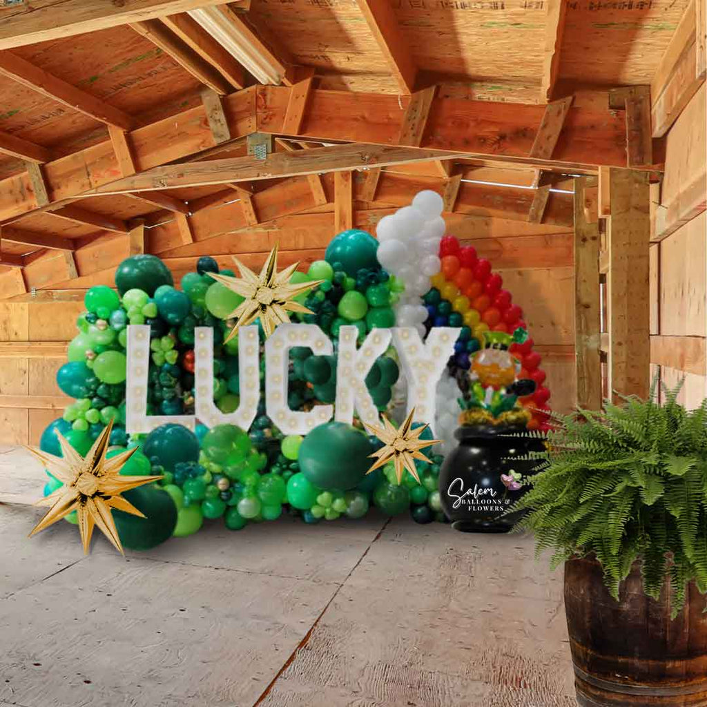 St.Patrick's Day themed Light Up Marquee letters plus balloon Decor Display. Balloon Decor Oregon. 