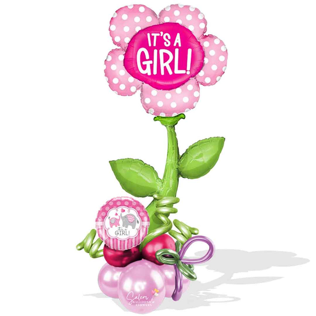 Mega Size It's a Girl Balloon Bouquet. Featuring an extra large Flower Pick balloon with a 