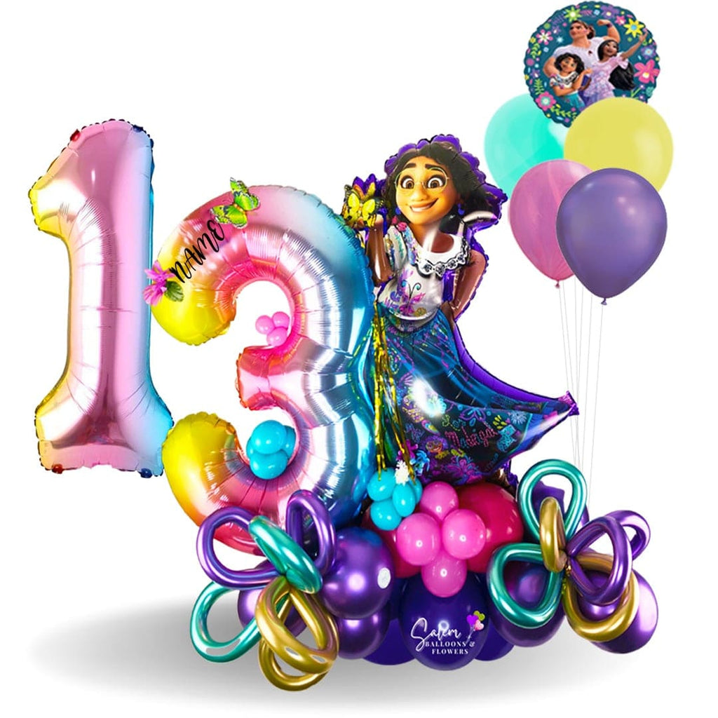 balloon number bouquet. Featuring a Encanto doll balloon and a large number. Birthday balloons. Delivery in Salem Oregon and nearby cities.