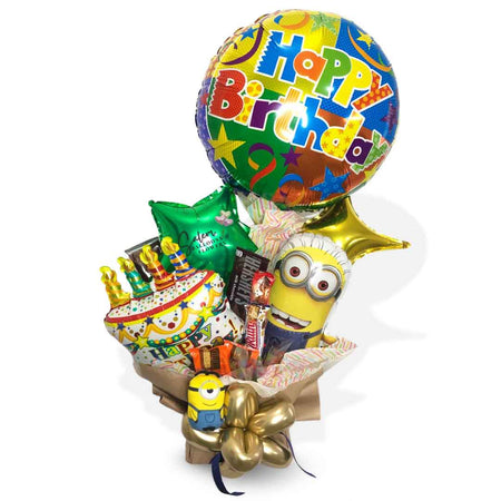 minion themed balloon bouquet with candy. Oregon balloon delivery