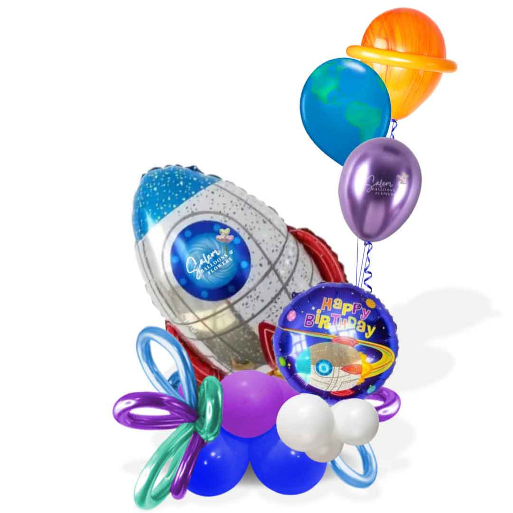 Rocket themed balloon bouquet. In blue, red, purple and gold color palette. Oregon Balloon Delivery.