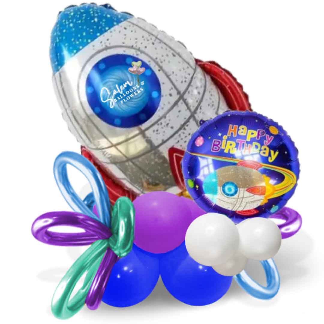 Rocket themed balloon bouquet in blue, red, purple and gold color palette. Oregon Balloon Delivery.