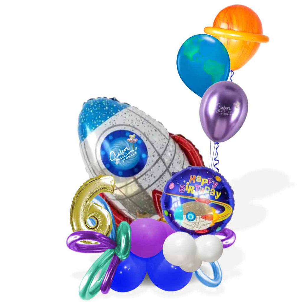 Rocket themed balloon bouquet. with gold number balloon in blue, red, purple and gold color palette plus a set of 3 helium balloon with planet shapes. Oregon Balloon Delivery.